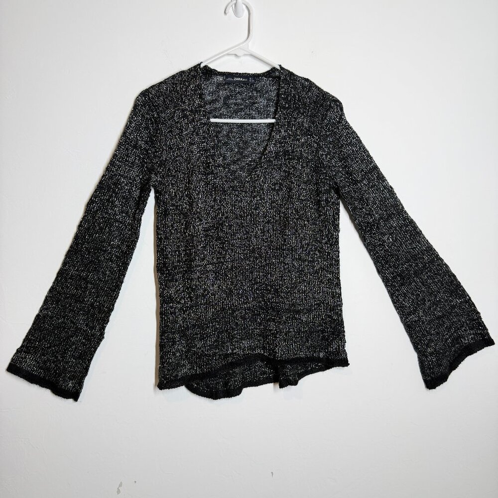 Zara Knit Black Metallic V-Neck Bell Sleeve Sweater Size S